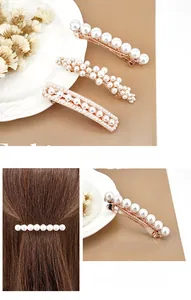 Detailed view of three pearl hair clips with rose gold metal base and white rhinestones