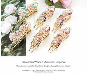 Detail of 6-piece crystal rhinestone hair claw clips with colorful floral feather designs