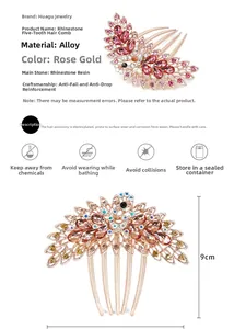 Detailed macro view of 9cm rose gold peacock hair comb with rhinestones and resin gems