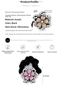 Detail view of 6.7cm velvet scrunchie with sparkling acrylic floral rhinestones