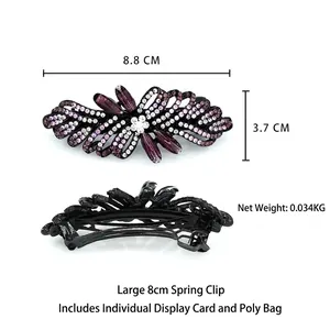Elegant large rhinestone bow hair clip with purple crystal gems on black alloy base