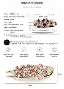 Detailed dimensions and parameters of the golden floral hair claw with crystals