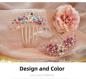 Detail of vintage peacock hair combs with colorful crystals on rose gold alloy base