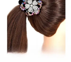 Detail of crystal peony hair tie with colorful rhinestones on a ponytail