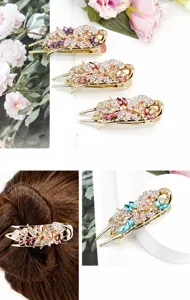 Close-up of crystal leaf hair clips featuring colorful rhinestones and gold alloy plating