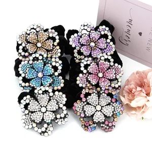 Velvet hair scrunchies with rhinestone peony flower charms in assorted colors