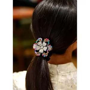 Elegant rhinestone flower hair claw clip with colorful crystals for women's ponytails