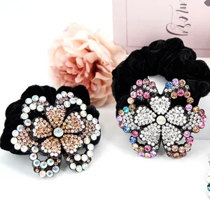 Velvet hair scrunchies with sparkling peony floral rhinestone embellishments