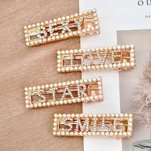 Shiny Rhinestone Faux Artificial Pearl Letter Hair Clips Alloy Gold Plated Duckbill Hairpins Side Clips With NICE GOOD LOVE SMILE SEXY STAR GIRL HAPPY For Women
