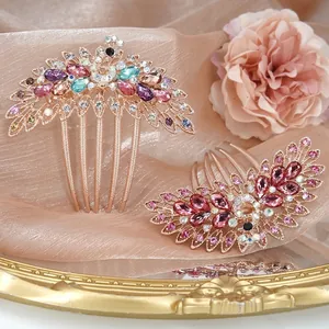 Vintage Alloy Peacock Rhinestone Hair Comb For Women Bridal Wedding Party Elegant 5-Prong Insert Hair Styling Accessory