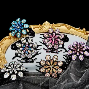 Floral rhinestone hair clips with three-tooth grip in various elegant crystal colors