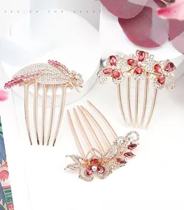 Detail of rose gold hair combs with colorful crystals and rhinestones for bun styles