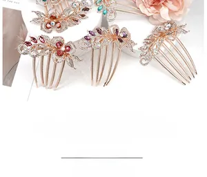 Detailed view of rose gold hair combs featuring colorful rhinestones for Hanfu styling