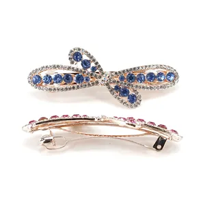 Elegant rhinestone bow hair clip and pink crystal barrette with gold metal spring clips