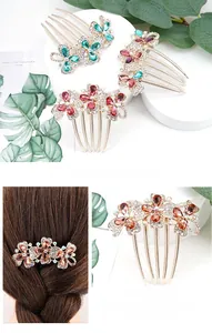 Detailed view of alloy hair combs featuring crystal flower designs and five-tooth combs