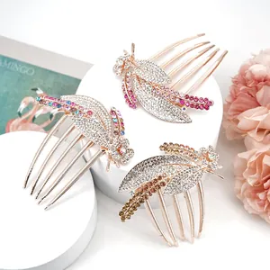 Three-piece floral hair comb set with rose gold metal and colorful crystal rhinestones