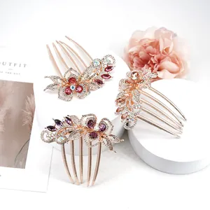 Handmade rose gold crystal hair combs set with colorful rhinestones for bridal styling
