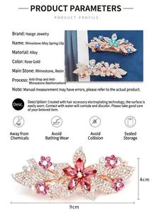 Detail showing dimensions 9x4cm and macro texture of crystal rhinestone flower hair clip