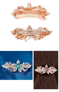 Close-up of vintage flower hair clip with rhinestones and rose gold plating
