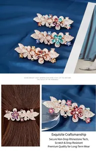 Detail of flower hair clip with sparkling rhinestones and colorful crystal petals