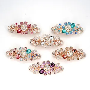 Lot de six barrettes florales en cristal avec strass colorés et placage doré élégant