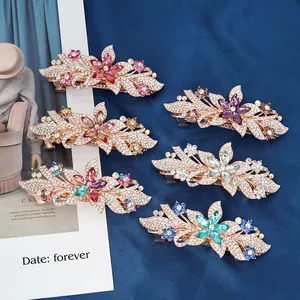 Korean Elegant Alloy Rhinestone Flower Spring Clip Hairpin Vintage Crystal Floral Hair Accessories For Women Wedding Party