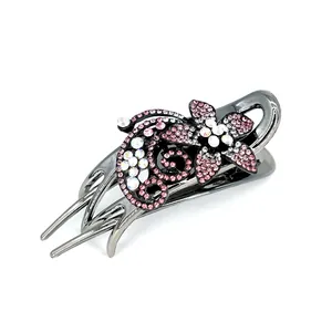 Elegant floral hair claw clip with pink crystals on gunmetal base for women's updos