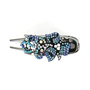 Pince à cheveux florale élégante en métal noir avec strass bleus et cristaux fins