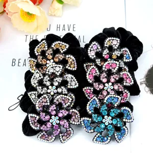 Vintage Velvet Floral Rhinestone Scrunchies For Women Large Flower High Elastic Hair Ties Elegant Sparkly Hair Accessories