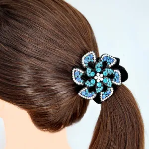 Elegant floral hair tie with blue gradient crystals and velvet elastic band for women