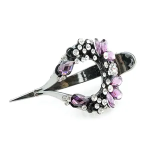 Elegant vine heart hair claw with purple crystals and rhinestones in gunmetal alloy