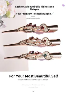 Detail of rose gold hair clips featuring colorful resin and sparkling rhinestones