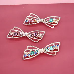 Barrette à cheveux nœud en cristal étincelant avec strass multicolores pour femmes