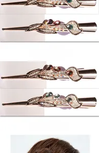 Detail of floral hair clips with sparkling crystals and pear-shaped gems in four colors