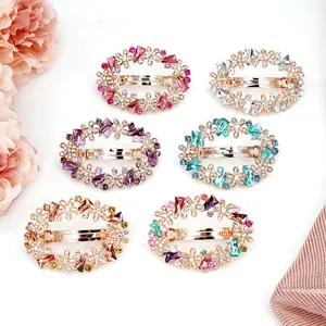 Floral crystal hair clips in six colors with rose gold base and sparkling rhinestones