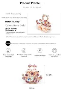 Detailed dimensions of rose gold mini crown hair claw clip with pink crystals