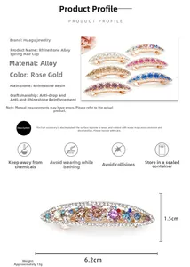 Detailed size chart for rhinestone spring hair clip with alloy base measuring 6.2cm x 1.5cm