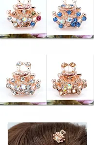 Detail of crystal crown hair clips showing rhinestone patterns and 4 color variants