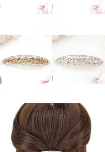 Detail showing crystal spring hair clip with rhinestones on brown hair for women