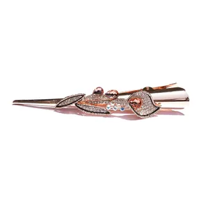 Morning glory floral hair clip with crystals and lavender rhinestones on rose gold base