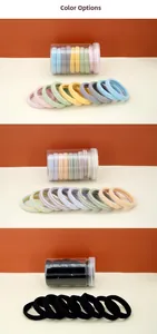Detail view of colorful high-elasticity seamless hair bands in a cylindrical storage jar