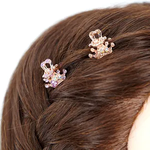 Mini crown hair claw clips with rhinestones for girls on braided brown hair