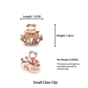 Mini gold crown hair clips with pink crystals, set of two, 1.5cm compact size accessories