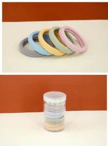Detail of high-elastic seamless hair ties in macaron colors with transparent storage jar