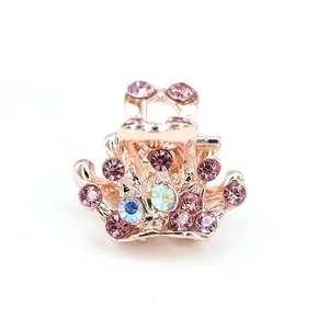 Elegant rose gold crown mini hair claw clip with pink and AB crystals for hair styling