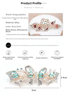 Detailed view of floral rhinestone spring hair clips with 9cm length measurements