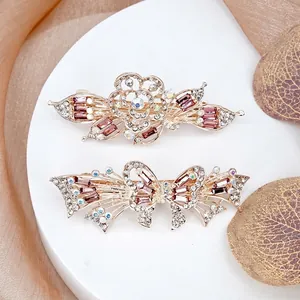 Vintage Alloy Rhinestone Flower Butterfly Hair Clip Elegant Crystal Spring Ponytail Clip For Women Bridal Wedding Hair Accessories