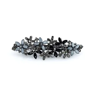 Barrette à fleurs rétro avec cristaux bleu-gris et strass brillants pour femmes