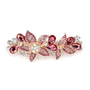 Barrette à cheveux florale en alliage doré avec cristaux roses et strass élégants