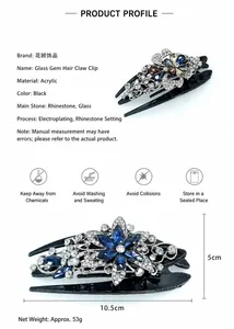 Detail of a black hair claw clip with rhinestones and dimensions showing 10.5cm by 5cm size
